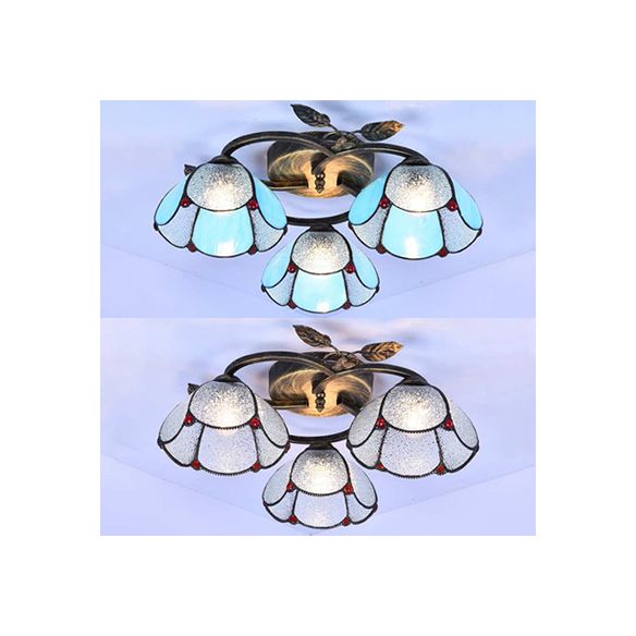Geometric Ceiling Light Fixture with Pattern Tiffany Stained Glass 3 Lights Flushmount Ceiling Light in Bronze