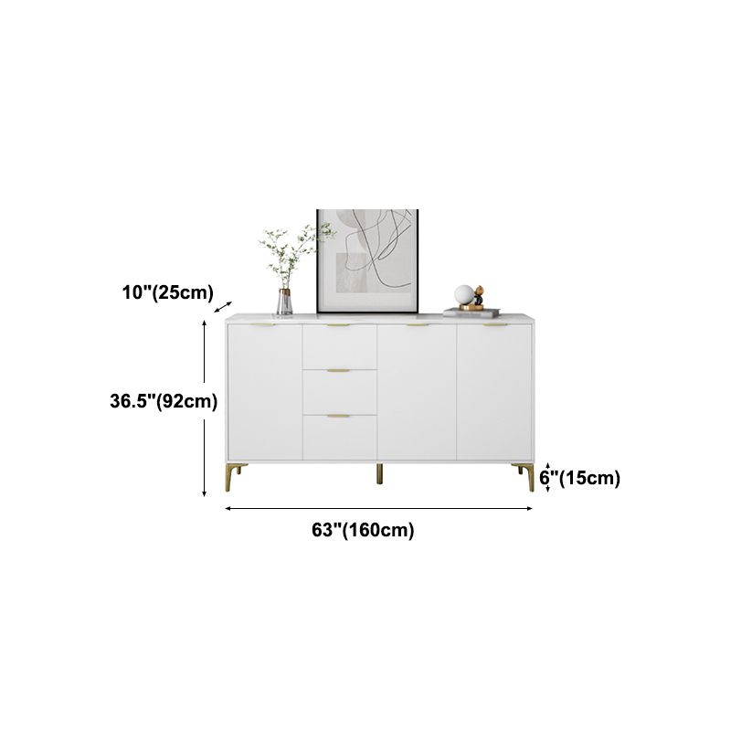 3-Drawer White Wood Sideboard Glam Adjustable Shelving Credenza with Stone for Living Room
