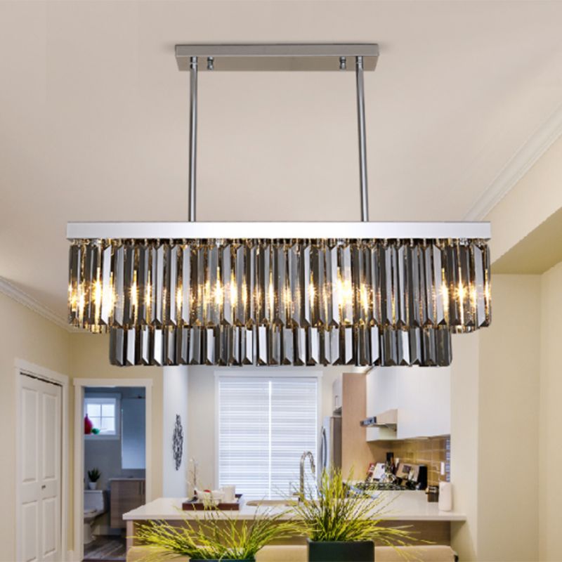 Rectangle Hanging Light Modern Smoke Gray Crystal Block 6/8/10 Heads Dining Room Chandelier Lamp