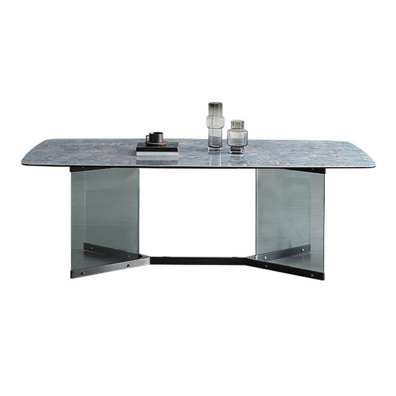 Rectangular Blue Stone Dining Table Modern Tempered Glass Furniture with Trestle Table