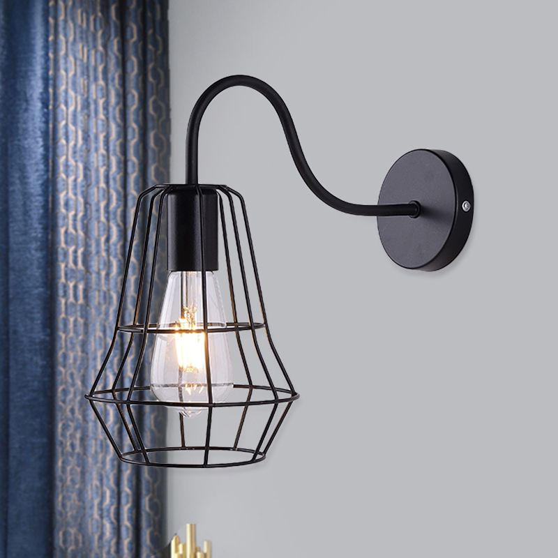 Luz de pared de la sala de estar de brazo de cuello cisboso con tono jaula de estilo retro metal 1 acabado negro de acabado negro aplique de pared
