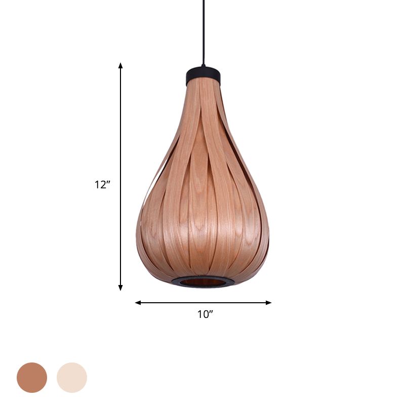 Brown/White Water Drop Pendant Light Asian Style Wooden Single Head Hanging Lamp over Dining Table