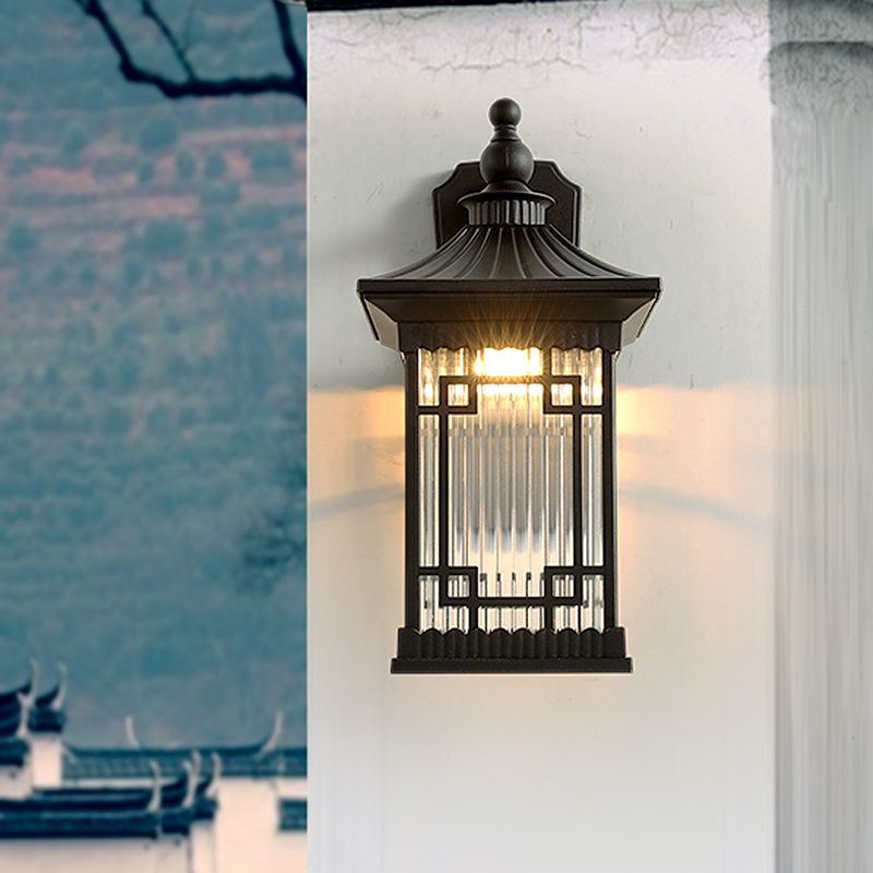 Classic Lantern Wall Mount Light Single Bulb Prismatic/Tan Glass Wall Lamp Fixture in Black/Coffee