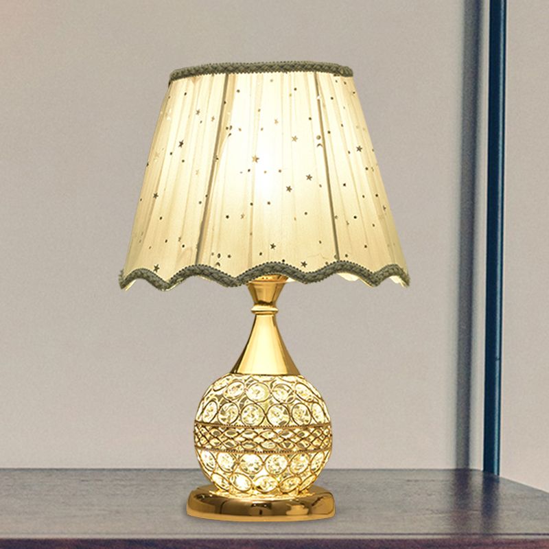 Crystal Embedded Gold Nightstand Lamp Sphere Framed 1 Bulb Traditional Table Light with Star-Patterned Shade
