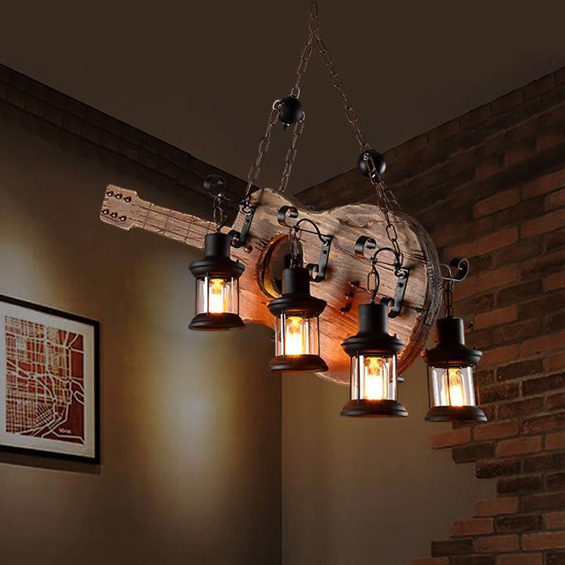 4 Light Wood Guitar Pendant Light Art Deco Industrial Black Metal Hanging Lamp
