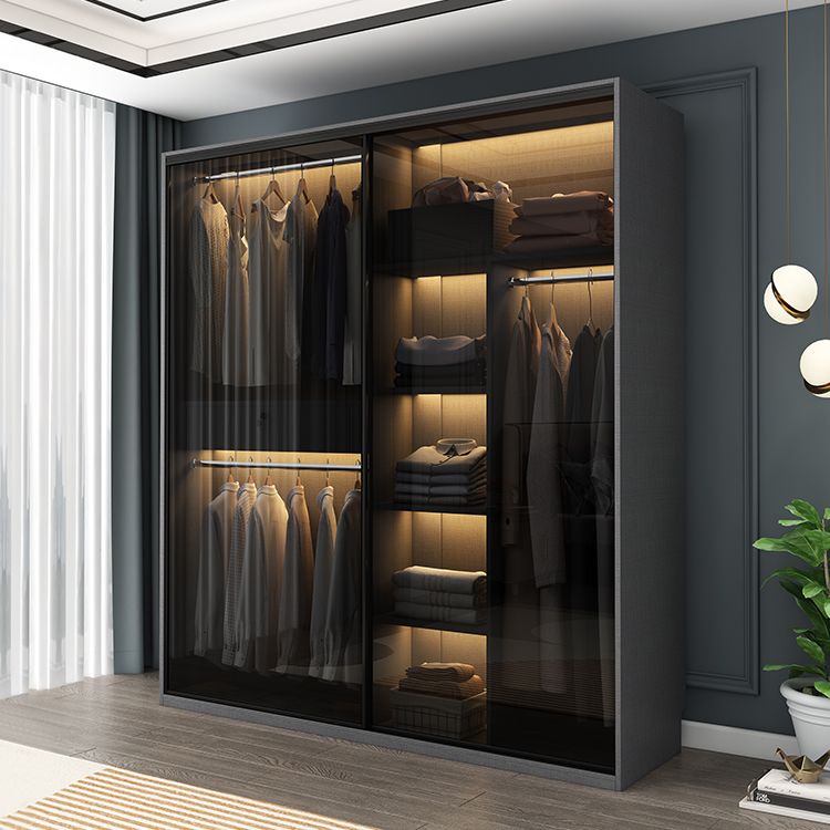 Glass and Wood Wardrobe Cabinet with Drawer Grey Wardrobe Closet