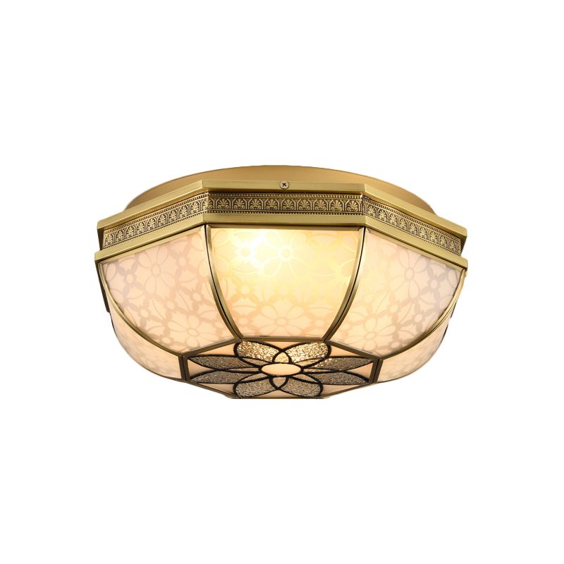 Colonialist Beveled Ceiling Mounted Light 4 Bulbs Opaque Glass Flush Mount Light Fixture in Brass for Bedroom