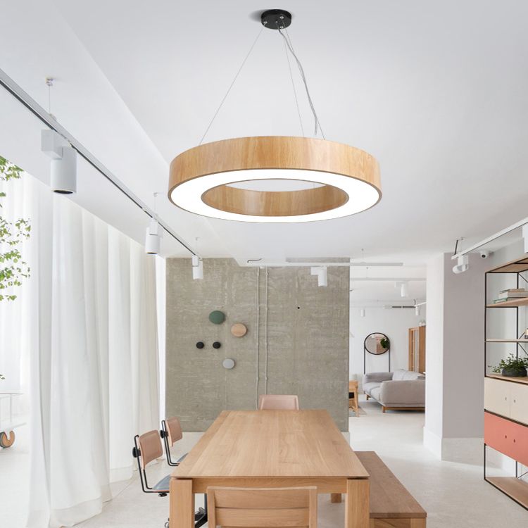 Illuminazione a sospensione circolare in stile nordico finitura in legno da ufficio in metallo luce a sospensione
