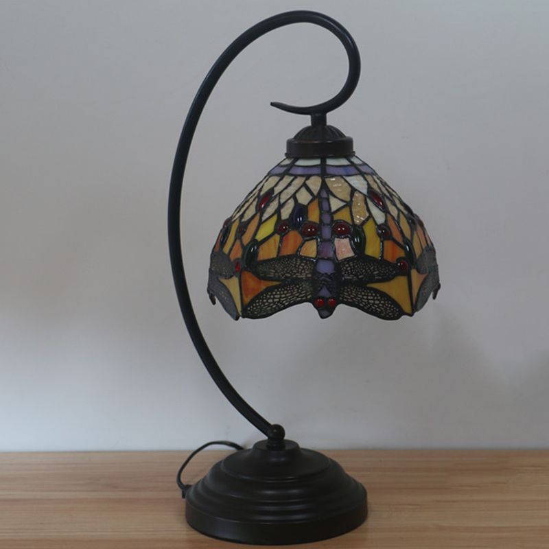 Dragonfly Schnitt Glasschreibtisch Beleuchtung Victorian 1 hellorange/grüne Nachtlampe mit gebogenem Arm für Schlafzimmer