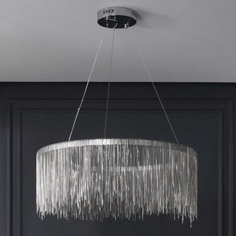Silver Round Pendant Pildal Metal Chain Shade Chandelier Light pour salle à manger
