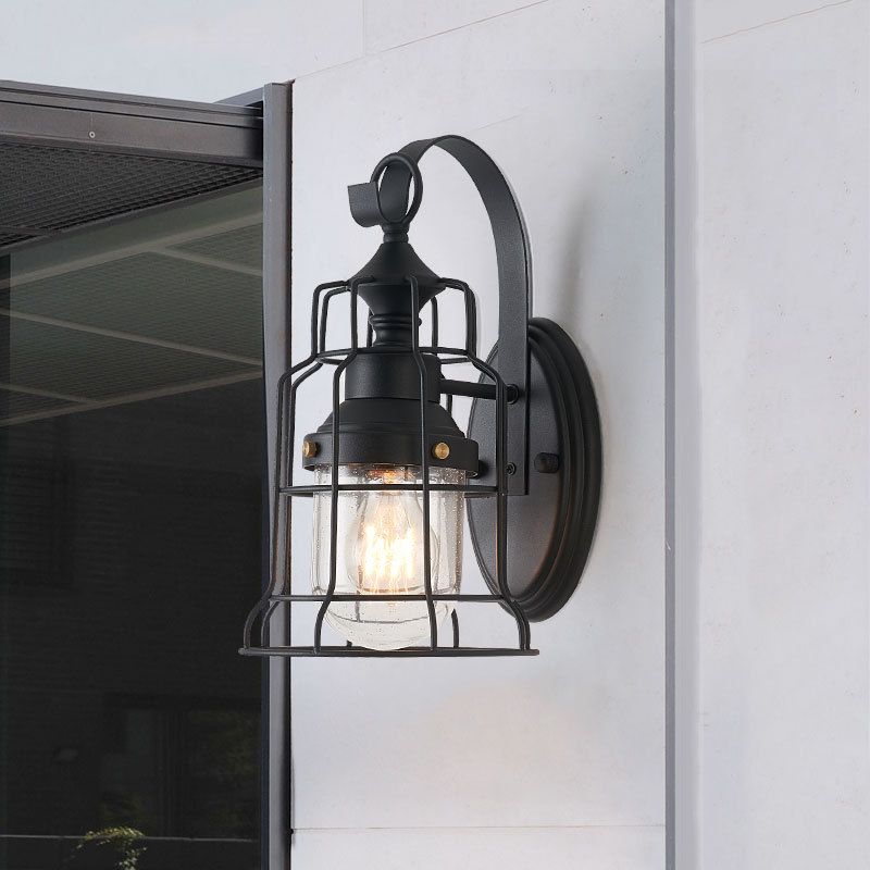 1 Light Bell Shade Sconce Light Industrial Black Seedy Glass Wall Lamp for Corridor with Metal Cage Frame
