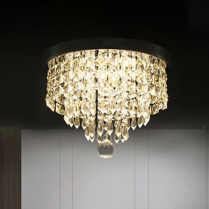 Drum Layered Flush Mount Light Crystal Glam Ceiling Light Fixture in Chrome