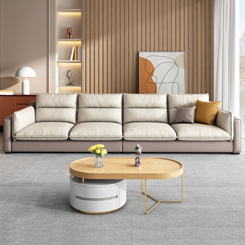 Stain Resistant Beige Stationary Faux Leather Living Room Square Arm Seating