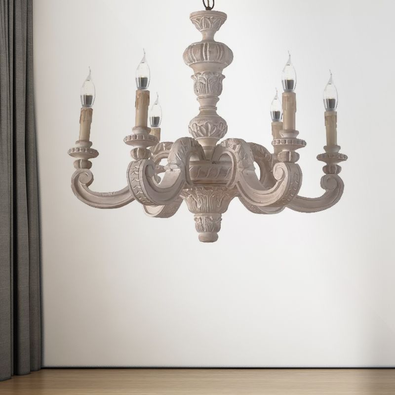 Branche Pendre lustre en bois traditionnel 6 ampoules Blanc lampe à suspension blanche pour chambre à coucher