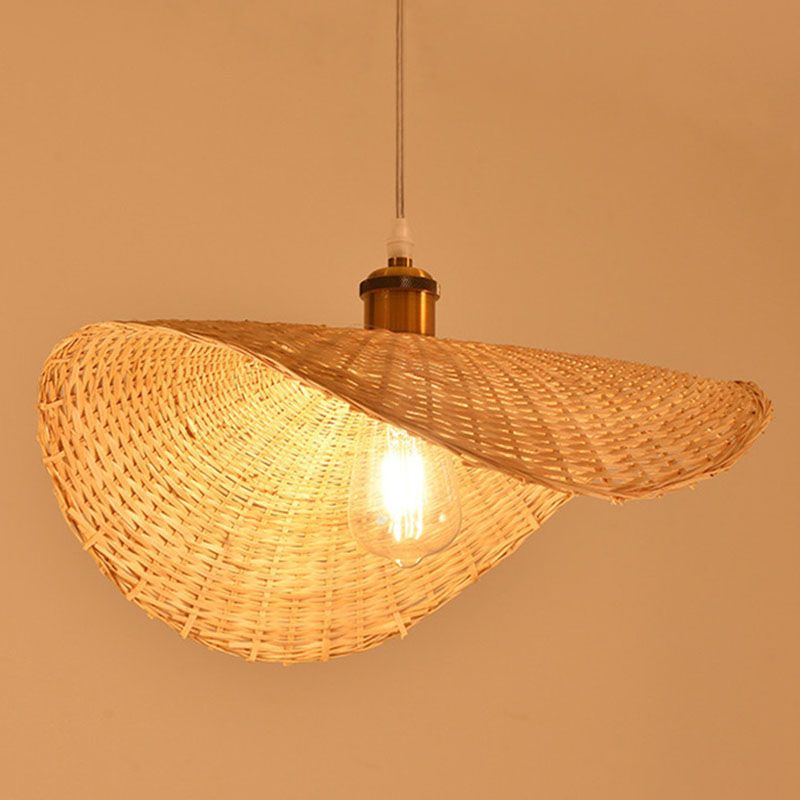 Lotus Leaf Shaped Restaurant Pendant Light Bamboo 1-Light Asian Hanging Lamp Kit in Wood