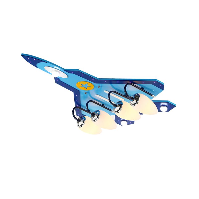 Blue Plane Close to Ceiling Lamp Cartoon 3/5-Bulb Wooden Flushmount Lighting in Warm/White Light