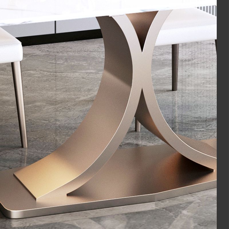 Stone Glam Rectangle Dining Table White Top Pedestal Table for Home