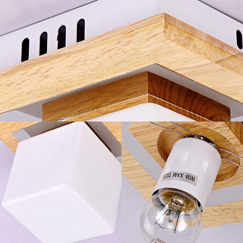 Square Semi Flush Mount Light Modern Wood 1 Light Brown Semi Mount Lamp with Milk Glass Shade