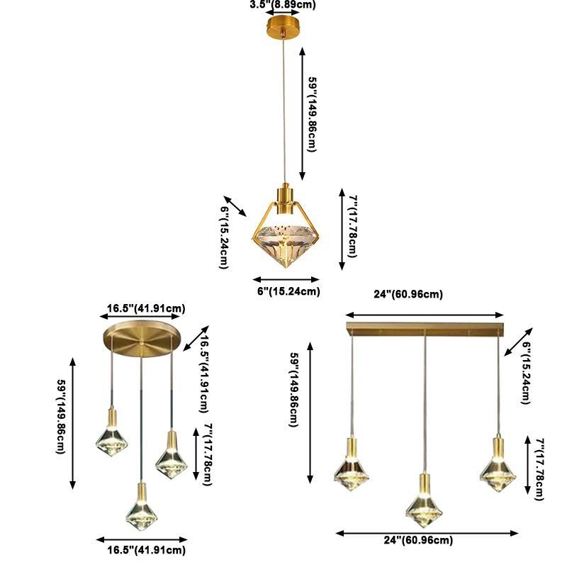 Modern Luxury LED Pendant Light Electroplate Metal Geometric Hanging Lamp with Crystal Shade