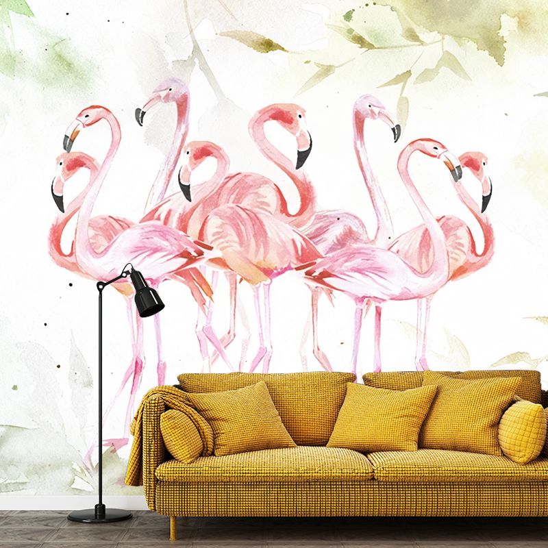 Customized Illustration Fresh Mural Wallpaper for Accent Wall with Flamingo Pattern in Pink