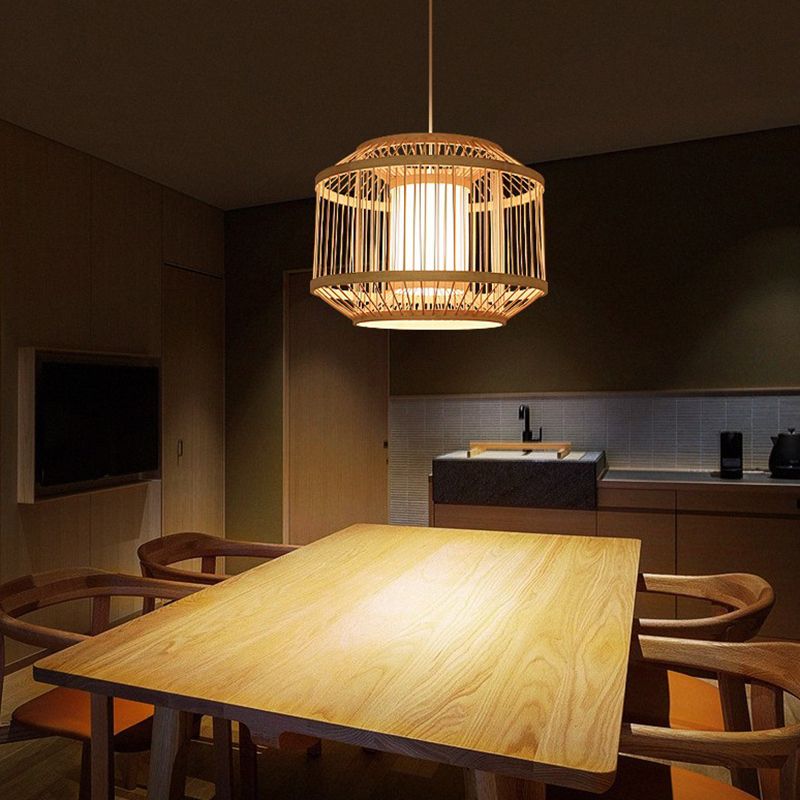 Birdcage Bamboo Weaving Lighting Pendant Japanese Style Parchment Shade 1-Light Suspended Lamp