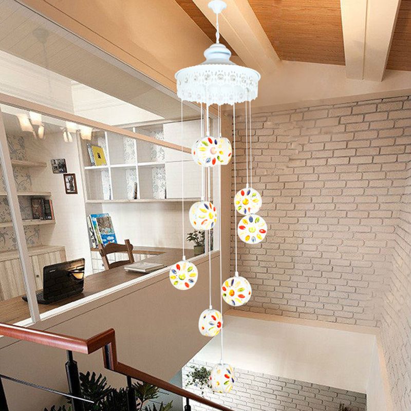 Clustro bianco metallo a ciondolo Circolare Circolare a 9 teste Lampada tradizionale per soggiorno per soggiorno