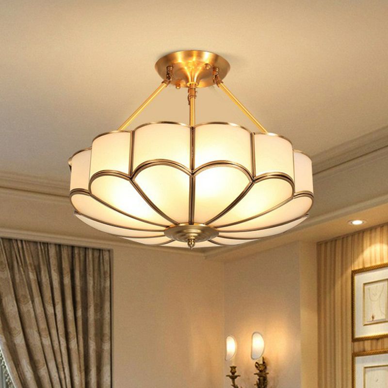 Cream Glass Flower Suspension Light Minimalist Bedroom Chandelier Pendant in Brass