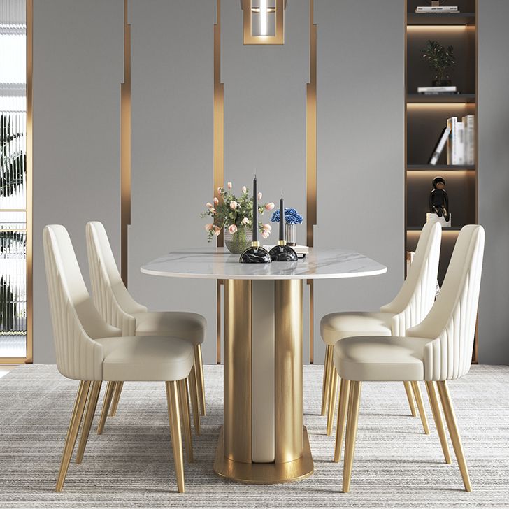 Glam Kitchen White Dining Table Sintered Stone Standard Dining Table with Pedestal Base