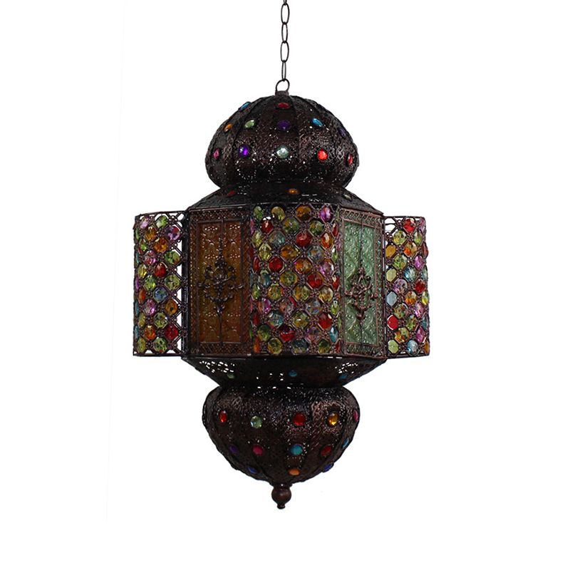 Moroccan Lantern Hanging Light Kit Handcrafted Stained Glass 1 Bulb Suspension Pendant in Copper