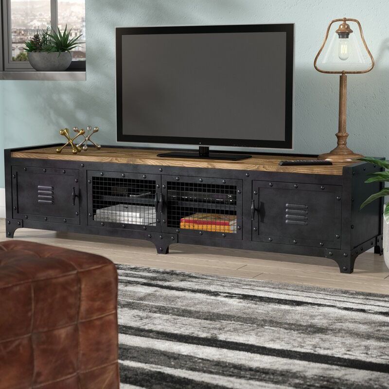 Industrial Iron & Pine Wood TV Stand for TVs 19.69" H 4 Doors TV Console