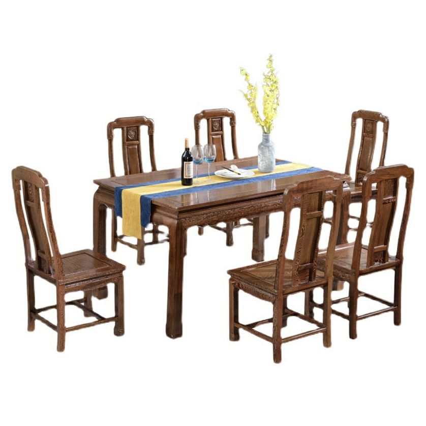 Estilo tradicional Juego de comedor de madera maciza con mesa de forma rectangular fija y base de 4 patas