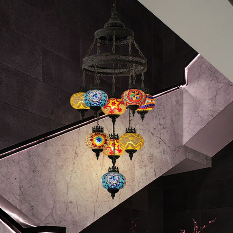Stained Glass Lantern Pendant Lighting Bohemia Style 9 Bulbs Coffee House Ceiling Chandelier in Black