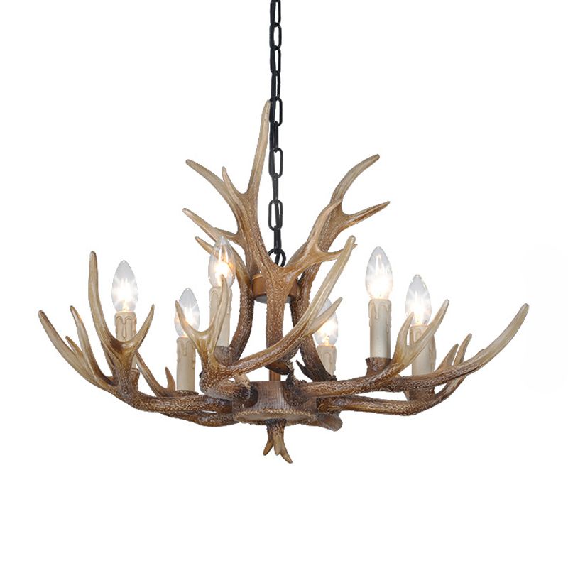 Brown 4/6/8 têtes CHANDELIER LIGHTING RUSTIC Resin Resin Candle Suspension Lampe avec bois pour salle à manger