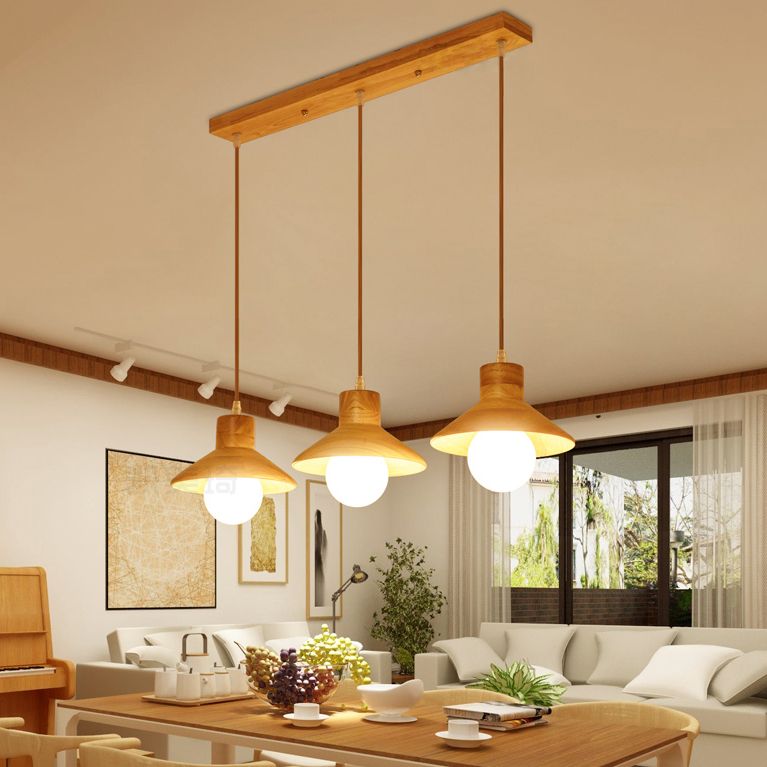 Coolie Shade Hanging Light with Linear/Round Canopy Modern Wooden Pendant Light in Beige for Kid Room