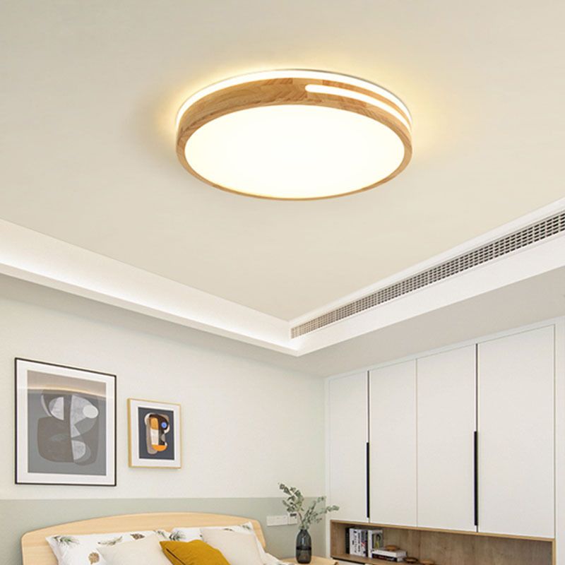 Modern Style Round Shape Flush Mount Wood 1-Light Ceiling Light for Bedroom