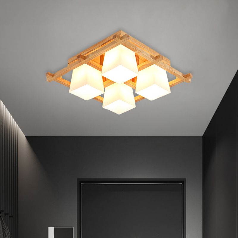 Wooden Checkerboard Shape Flush Mount Light Study Room Japanese Style Ceiling Light in Beige