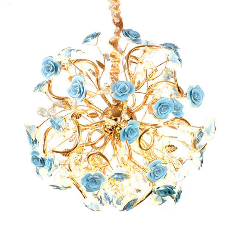 Sputnik Glass Chandelier Light Rustic 18 Lights Dining Room Hanging Lamp Kit in Gold with Flower Design