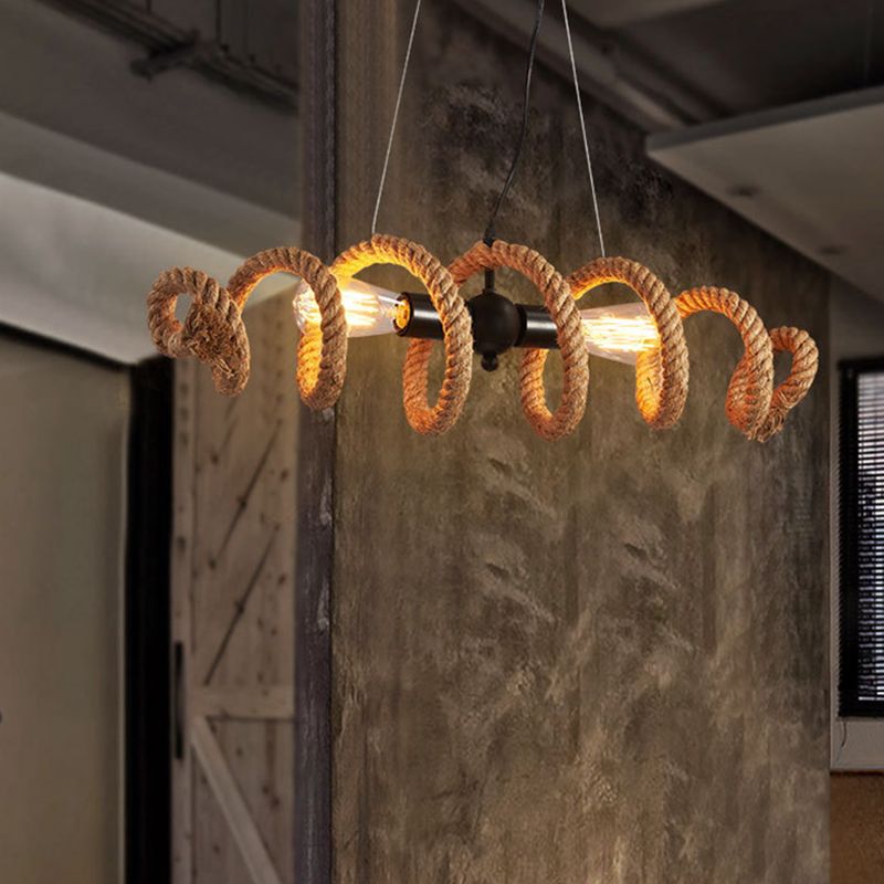 Vintage Hemp Rope Chandelier Indsutrial Retro 2 Light Linear Island Lamp for Restaurant