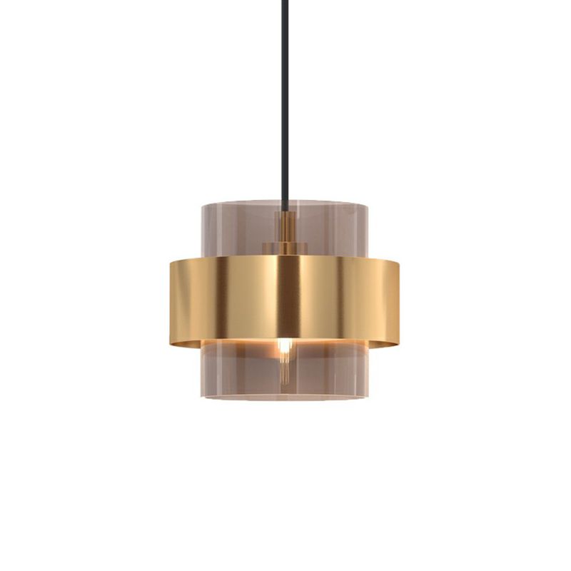 Cognac Glass Cylindrical Pendant Light Fixture Nordic 1 Head Hanging Lamp with Gold Ring Guard