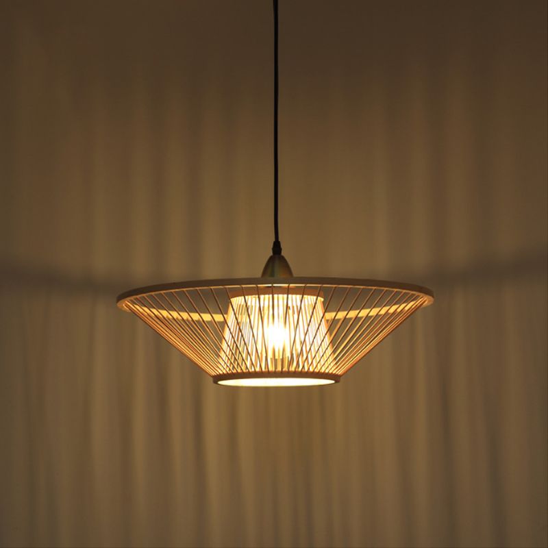 Bamboo Hand-Made Ceiling Lamp with Saucer Shade Modern 1-Light Beige Pendant Lamp for Dining Room