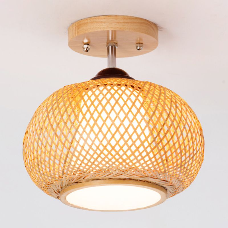 Lámpara de techo de madera de estilo asiático, luz de montaje empotrado de bambú tejida a mano, para salón de té