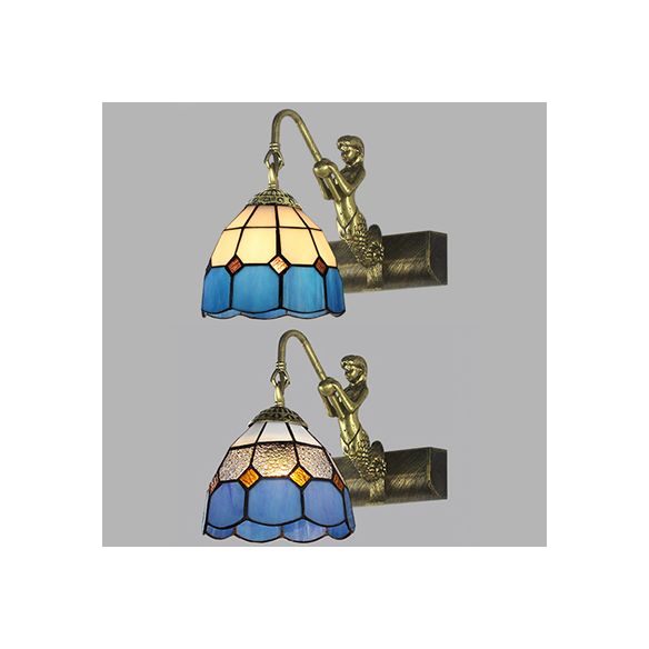 Dome Wall Light Fixture 1 Head Blue/Clear Glass Baroque Sconce Lighting with Mermaid Backplate