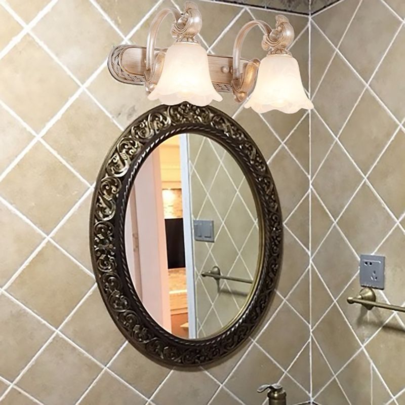 Traditional Flower Shade Vanity Wall Sconce Milk Glass 2/3 Heads Bathroom Wall Light with Curved Arm in Khaki