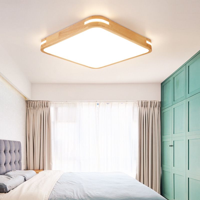 Plafonnier carré moderniste en bois beige, lampe LED à encastrer en blanc/lumière chaude/naturelle, 12"/16"/19,5"/23,5" de large