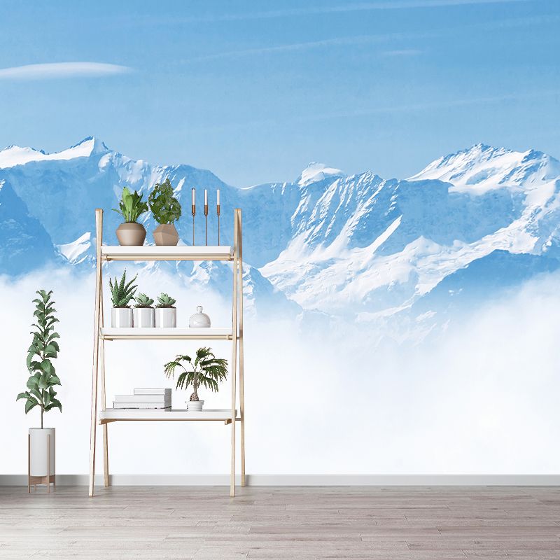 Large Contemporary Mural Wallpaper Blue-White Snow Mountain above Cloud Wall Art, Custom Size
