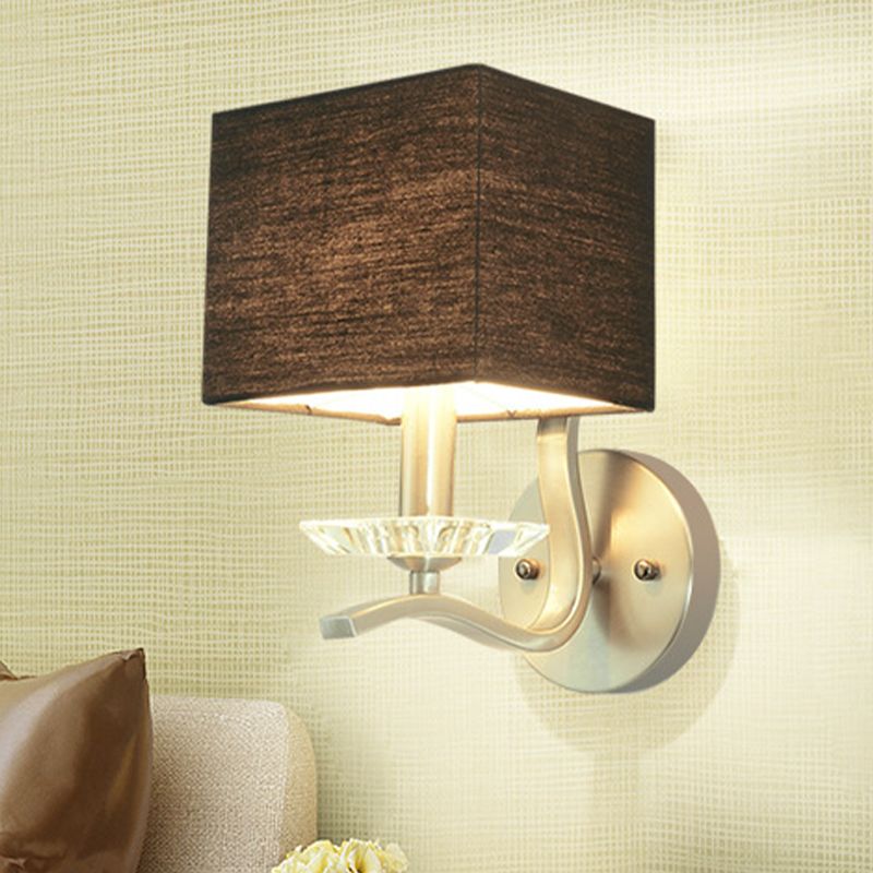 Cube Bedside Wall Lamp Fabric Single Modern Wall Light Sconce in Grey/Black with Crystal Accent