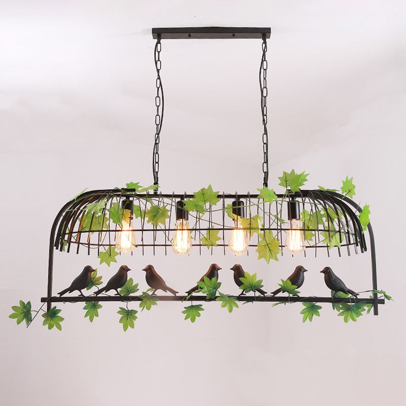 Birdcage Dining Room Island Light Industrial Iron 4-Head Black/Bronze Hanging Pendant with Decorative Plant and Bird