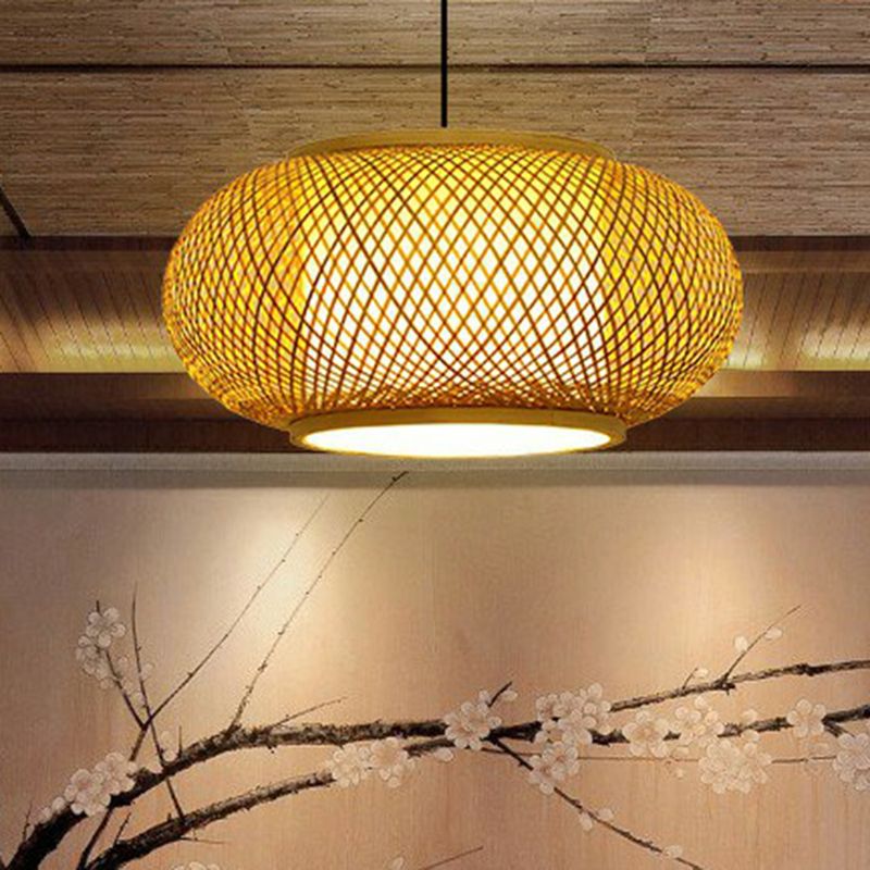Round Ceiling Hanging Lantern Asian Bamboo 1-Light Beige Suspension Pendant Light