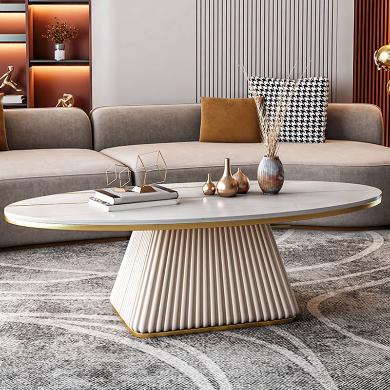Glam Metal and Slate Cocktail Table Pedestal Coffee Table for Living Room