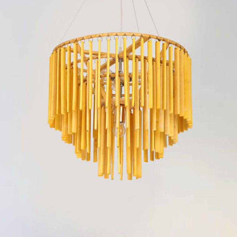 Tiered Chandelier Pendant Light Contemporary Bamboo 4 Heads Yellow Hanging Lighting for Restaurant